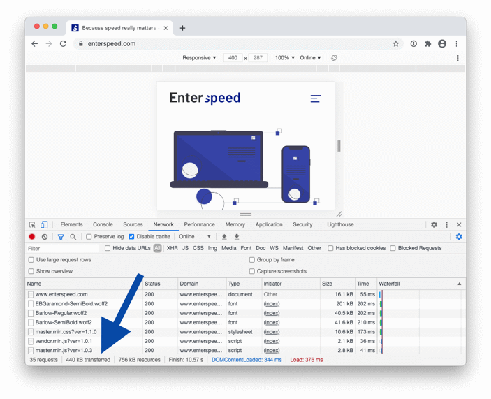 Chrome Developer Tools showing how much data is transfered